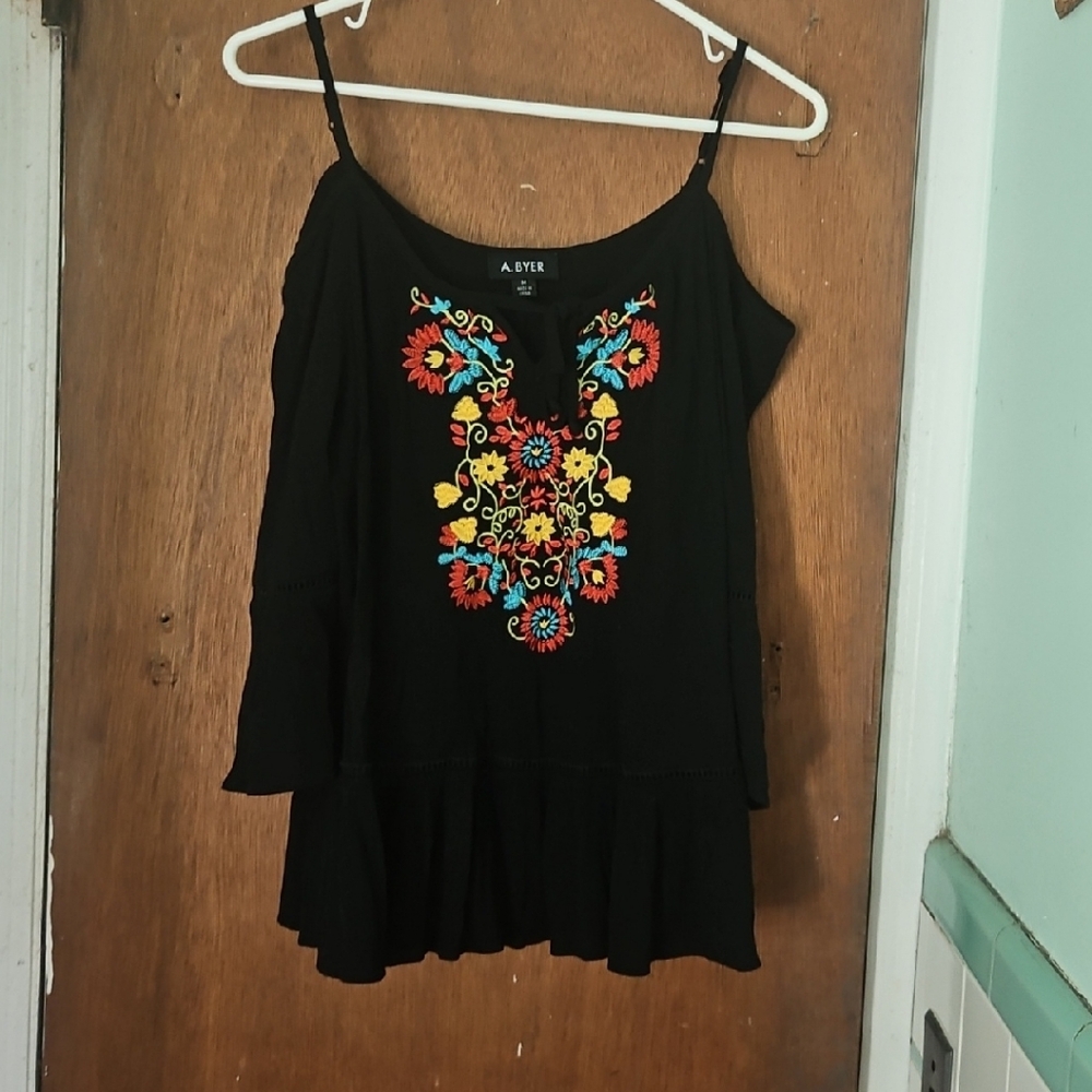 A. Byer Black Blouse with Colorful Embroidery